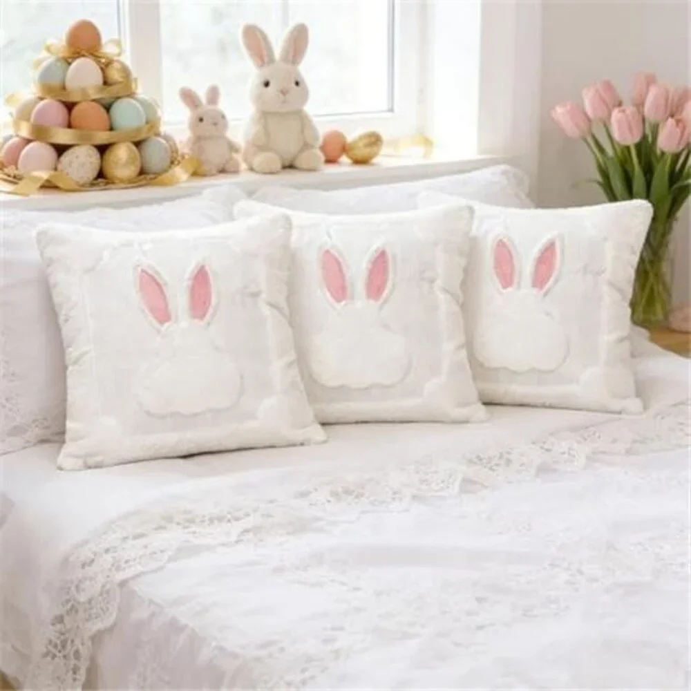 3 Pack Easter Pillow Covers 18x18 Inch White Bunny Pillow Case for Easter Day